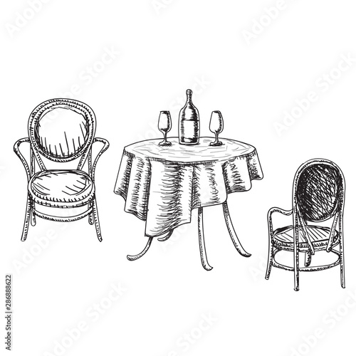 Dining table and chairs for two people. Bottle of wine and two glasses. Sketch. Furniture in summer cafe.