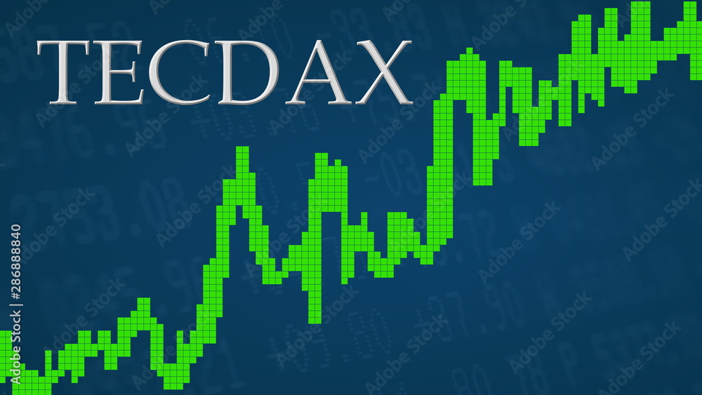 The German stock market index TecDAX is going up. The green graph next to the silver TecDAX title on a blue background is showing upwards and symbolizes the ascent of the German stock index. The German stock market index TecDAX is going up. The green graph next to the silver TecDAX title on a blue background is showing upwards and symbolizes the ascent of the German stock index.