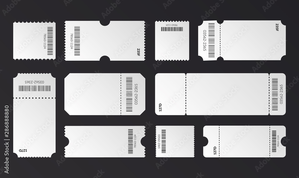 Blank ticket template. Vector empty realistic coupon set admit one Blank ticket template. Vector empty realistic coupon set admit one