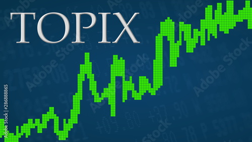 The Japanese Tokyo Stock Price Index TOPIX is going up. The green graph next to the silver TOPIX title on a blue background shows upwards and symbolizes the ascent of the Japanese index. photo