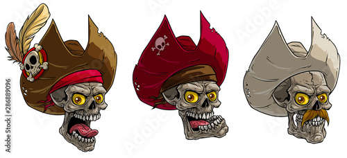Cartoon detailed realistic colorful scary human skulls in pirate hat with badge, feathers and mustache. Isolated on white background. Vector icon set.