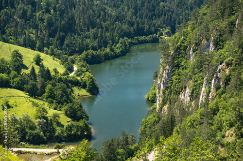 Aerial view of the mountain lake in the valley