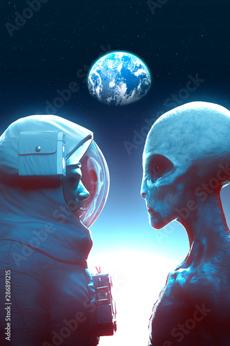 Photographie Face to face between alien grey and astronaut with the earth in backround - 3D r