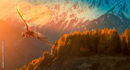 Dekoracja na wymiar  black-dragon-flying-on-a-golden-sunset-over-the-mountain-photo-manipulation-3d-rendering
