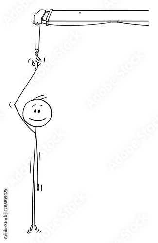 Vector cartoon stick figure drawing conceptual illustration of smiling man or businessman holding the crane hook and hanging. Problem solution metaphor.