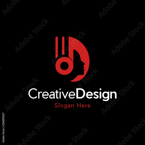 Head Beauty Ringtone Creative Media Logo, Human head with headphone vector musical icons isolated on Black background