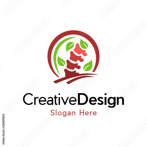 Spine Chiropractic Naturally Creative Icon Logo, Spine and leaves logo combination. Spinal diagnostic center logotype design template.