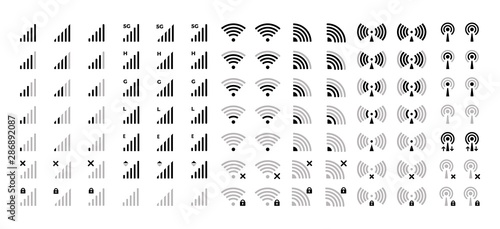 Mobile phone bar system icons. Wireless battery charge level, wifi signal strength vector icon network connection levels pictogram. Smartphone power indicating and batteries bar