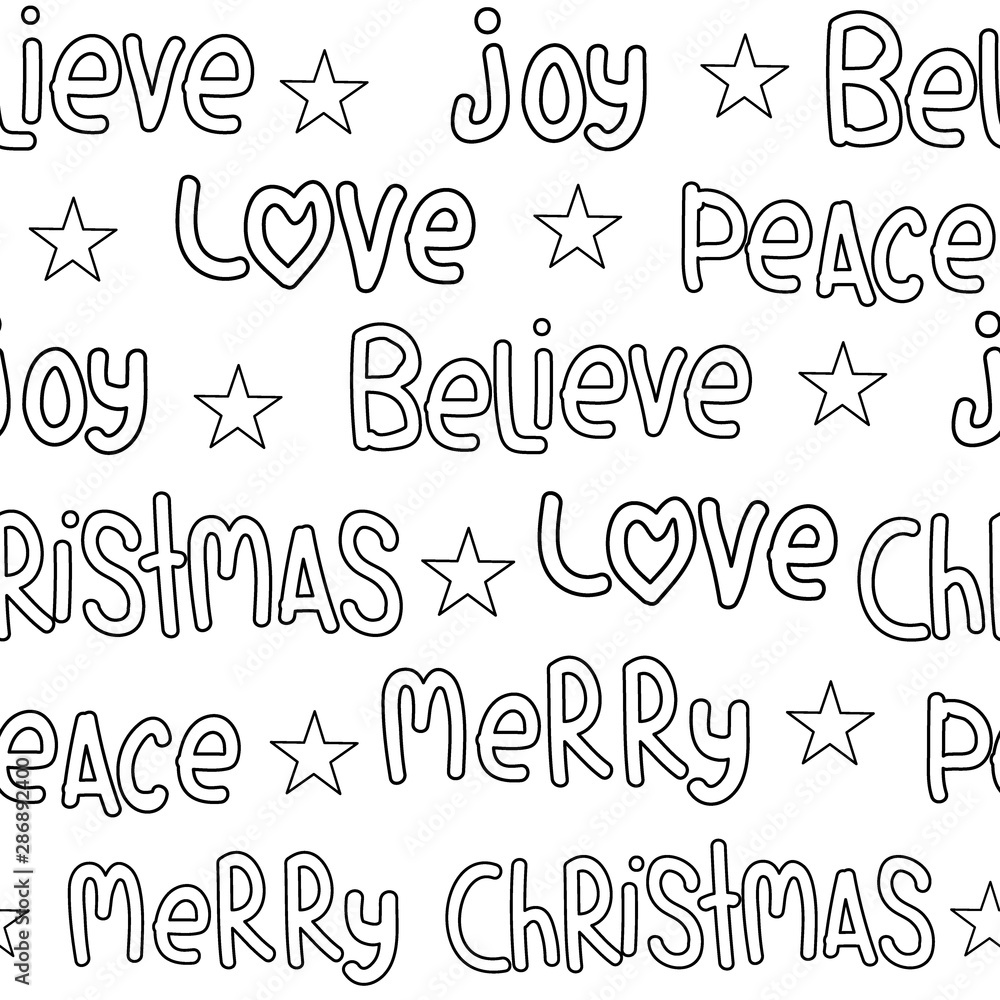 Seamless doodle Christmas pattern with joy, love, peace, believe and Christmas word Seamless doodle Christmas pattern with joy, love, peace, believe and Christmas word