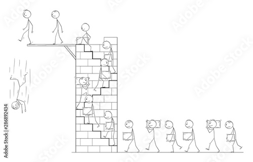 Vector cartoon stick figure drawing conceptual illustration of men or workers carrying big stone blocks as building material and climbing stairs on high tower. Career metaphor.