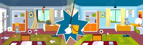 Interior of the kids room before and after cleaning with mop and bucket in a cartoon style.