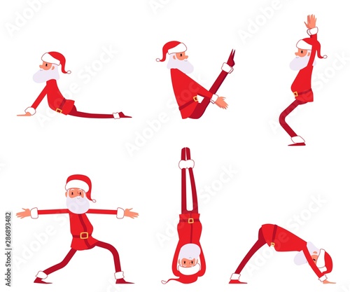 Set of Santa Claus doing yoga exercises cartoon style