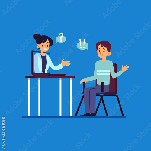 Online doctor consultation, cartoon patient asking medical advice from female health worker