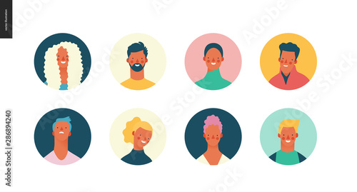 Bright people portraits set - hand drawn flat style vector design concept illustration of young men and women, male and female faces avatars. Flat style vector round icons set