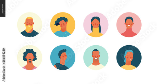 Bright people portraits set - hand drawn flat style vector design concept illustration of young men and women, male and female faces avatars. Flat style vector round icons set