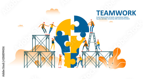 Business concept of vector illustration of people with lightbulb puzzle. Team metaphor. people climbing up the stairs connecting puzzles work together and cooperation. - vector