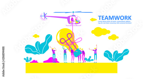 vector illustration team work, search for new ideas, teamwork in the company, brainstorming, lift the bulb by helicopter ,work together thought process as a team. - Vector