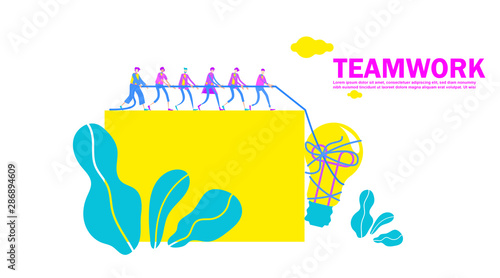 Vector flat illustration teamwork. Team metaphor. people search new idea and pull the idea together for succesful company. Light bulb Symbol of idea with cooperation, partnership. - Vector