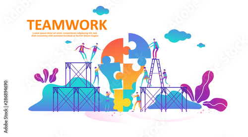 Business concept of vector illustration of people with lightbulb puzzle. Team metaphor. people climbing up the stairs connecting puzzles work together and cooperation. - vector
