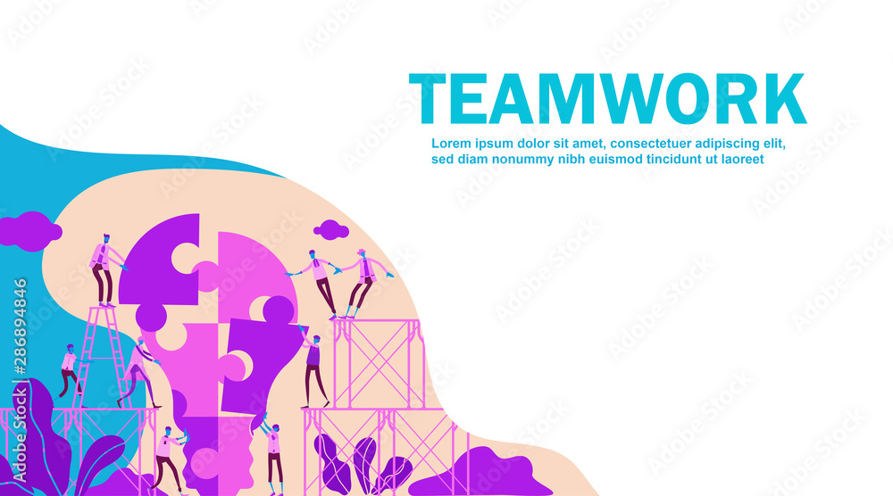Business concept of vector illustration of people with lightbulb puzzle. Team metaphor. people climbing up the stairs connecting puzzles work together and cooperation. - vector