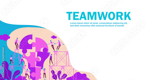 Business concept of vector illustration of people with lightbulb puzzle. Team metaphor. people climbing up the stairs connecting puzzles work together and cooperation. - vector