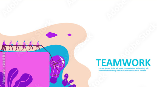 Vector flat illustration teamwork. Team metaphor. people search new idea and pull the idea together for succesful company. Light bulb Symbol of idea with cooperation, partnership. - Vector