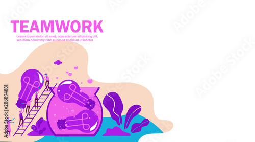 Vector creative illustration of business teamwork, little people seeks up the stairs to collect, gather, and search new ideas for company, team metaphor concept. - Vector