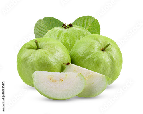 Guava fruit with leaf isolated on white background.