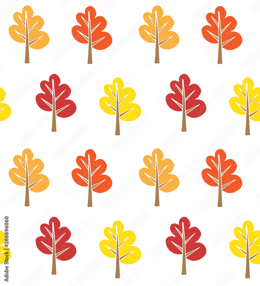 Vector seamless pattern of hand drawn red yellow and orange doodle fall trees isolated on white background