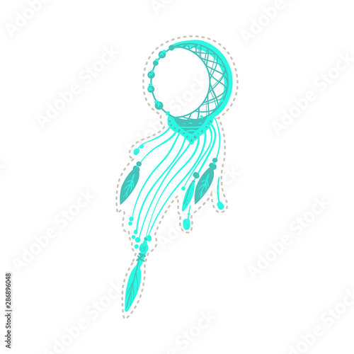 Teal dream catcher drawing with moon crescent symbol and bird feathers,
