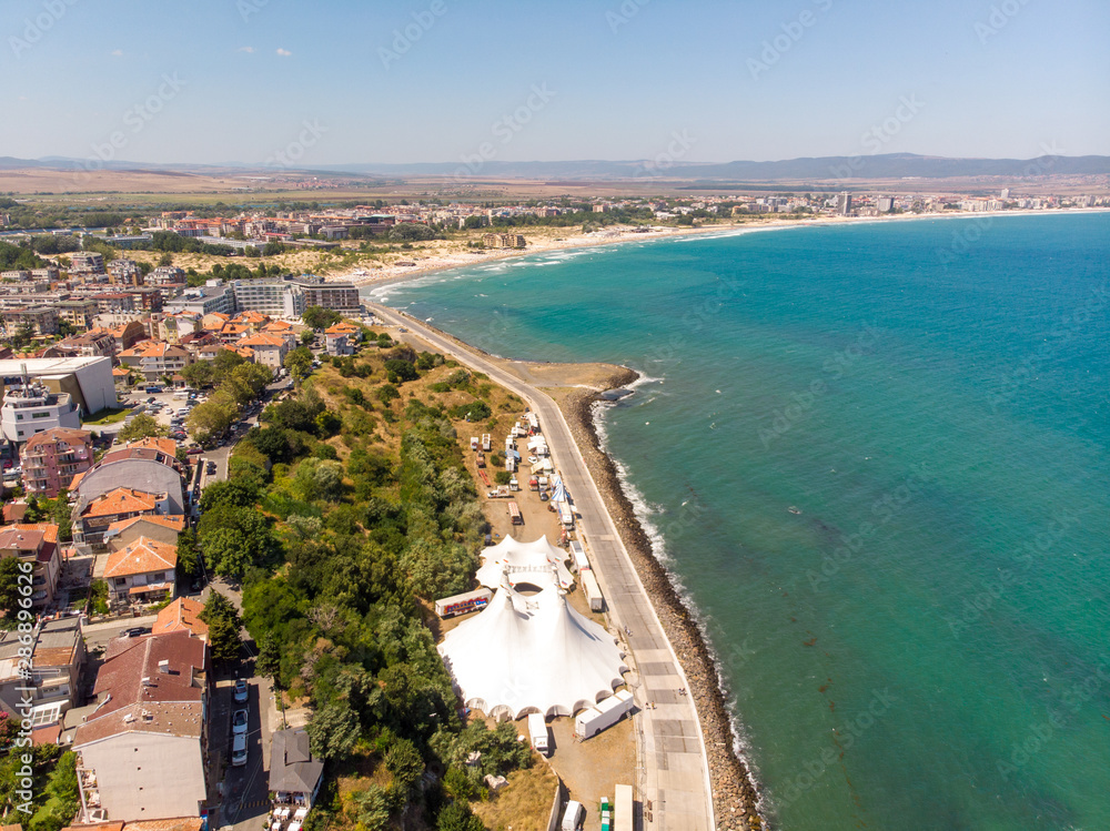 Aerial photo of the beautiful town of Nessebar, located in the Sunny Beach area of Bulgaria, taken with a drone on a bright sunny day showing the houses and businesses of the town