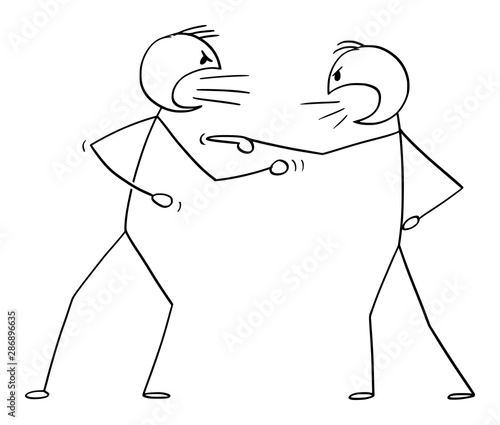 Vector cartoon stick figure drawing conceptual illustration of two angry men arguing or fighting.