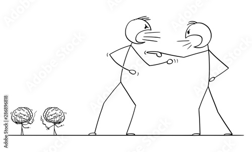 Vector cartoon stick figure drawing conceptual illustration of two angry men arguing or fighting. Their brains taking a break.