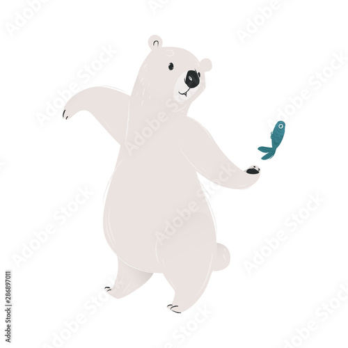 Arctic polar white bear caught a fish cartoon vector illustration isolated.