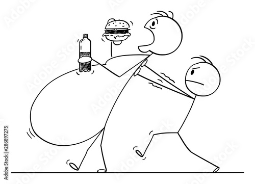 Vector cartoon stick figure drawing conceptual illustration of overweight, morbid obese or fat man eating unhealthy food while another man is helping him to walk.