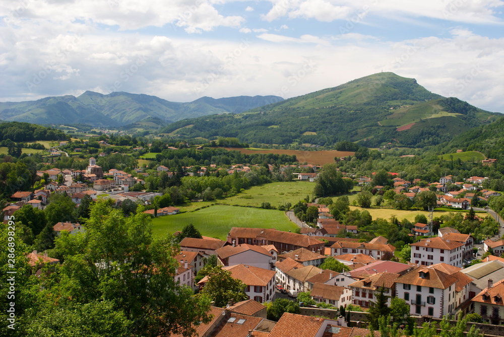 European mountainside town during the summer.