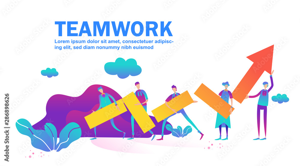 Vector teamwork business concept. Team people standing and holding indicator of growth and development in common company on raised hands. holding graph arrow on the way to success. - Vector Vector teamwork business concept. Team people standing and holding indicator of growth and development in common company on raised hands. holding graph arrow on the way to success. - Vector