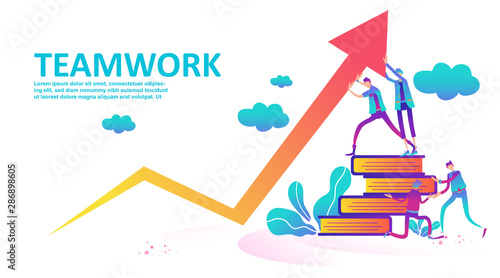 Business concept company. Teamwork metaphor. Flat little people working hard and holding graph arrow on the way to success. Financial success, cooperation, collaboration, help each other. - Vector
