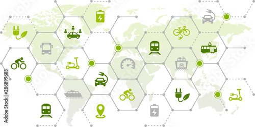 new mobility icon concept: worldwide individual transportation alternatives, e-car, e-bike, scooter, car sharing - vector illustration