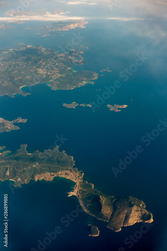 Aerial view while flying over the Mediterranean Sea in Europe. 