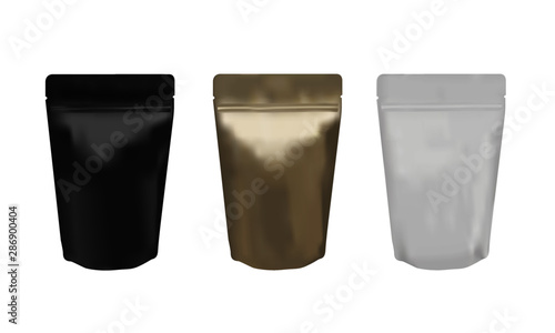 Matte black, gold and white ziplock bag stand up isolated on white background