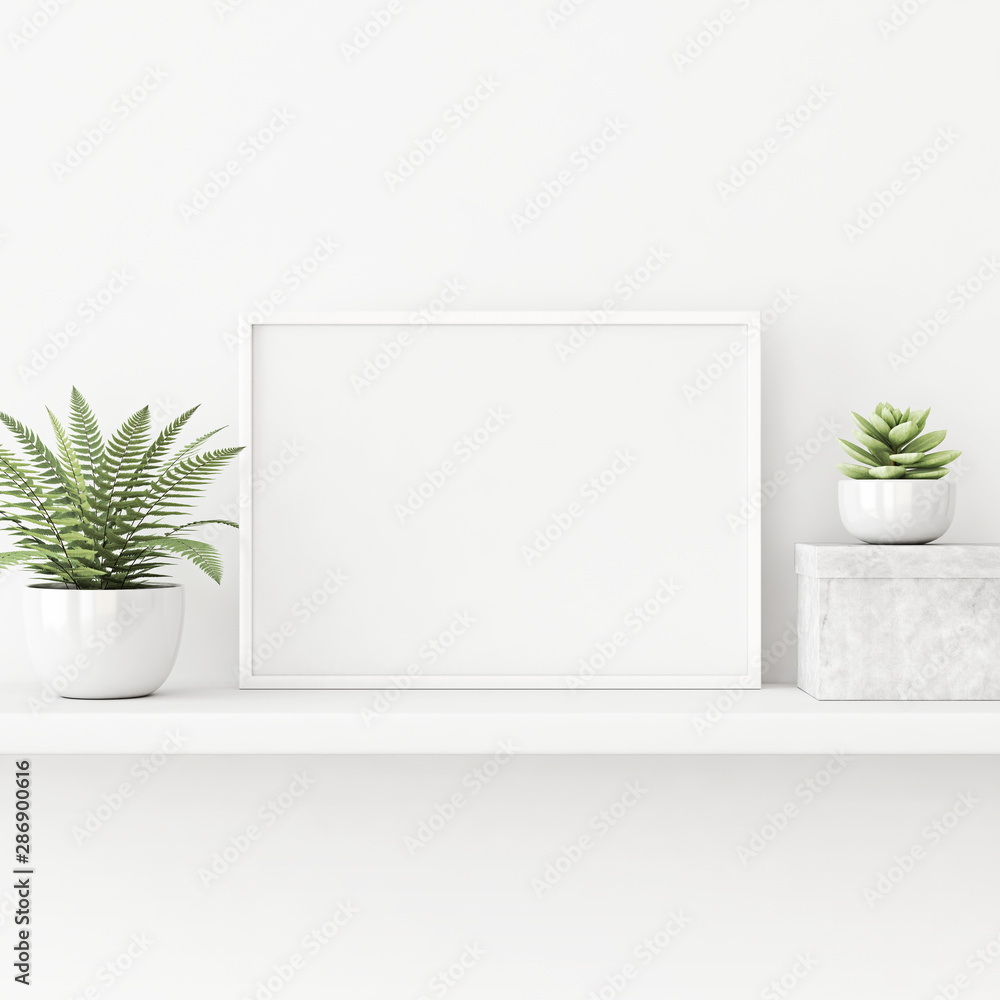 Interior poster mockup with horizontal white frame standing on the table with plants in pots on empty wall background. 3D rendering, illustration. - obrazy, fototapety, plakaty 