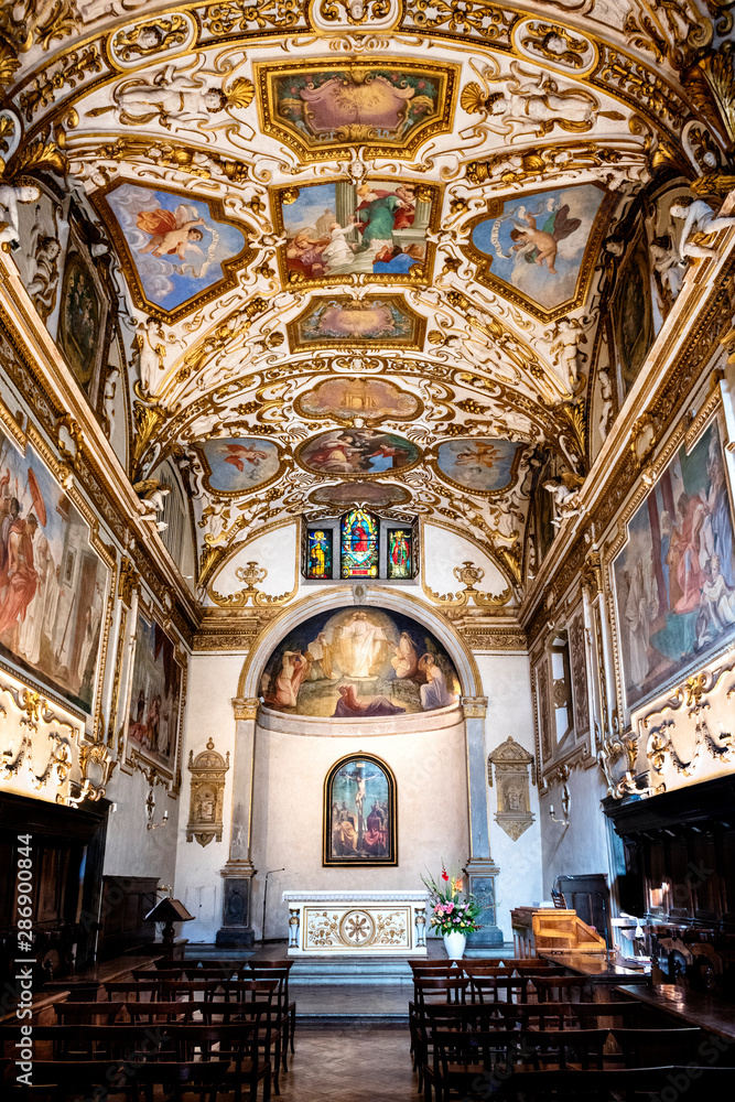 Frescoed ceiling of the Church of San Salvatore Trasfigurato. Camaldoli monastery, Tuscany, Italy.