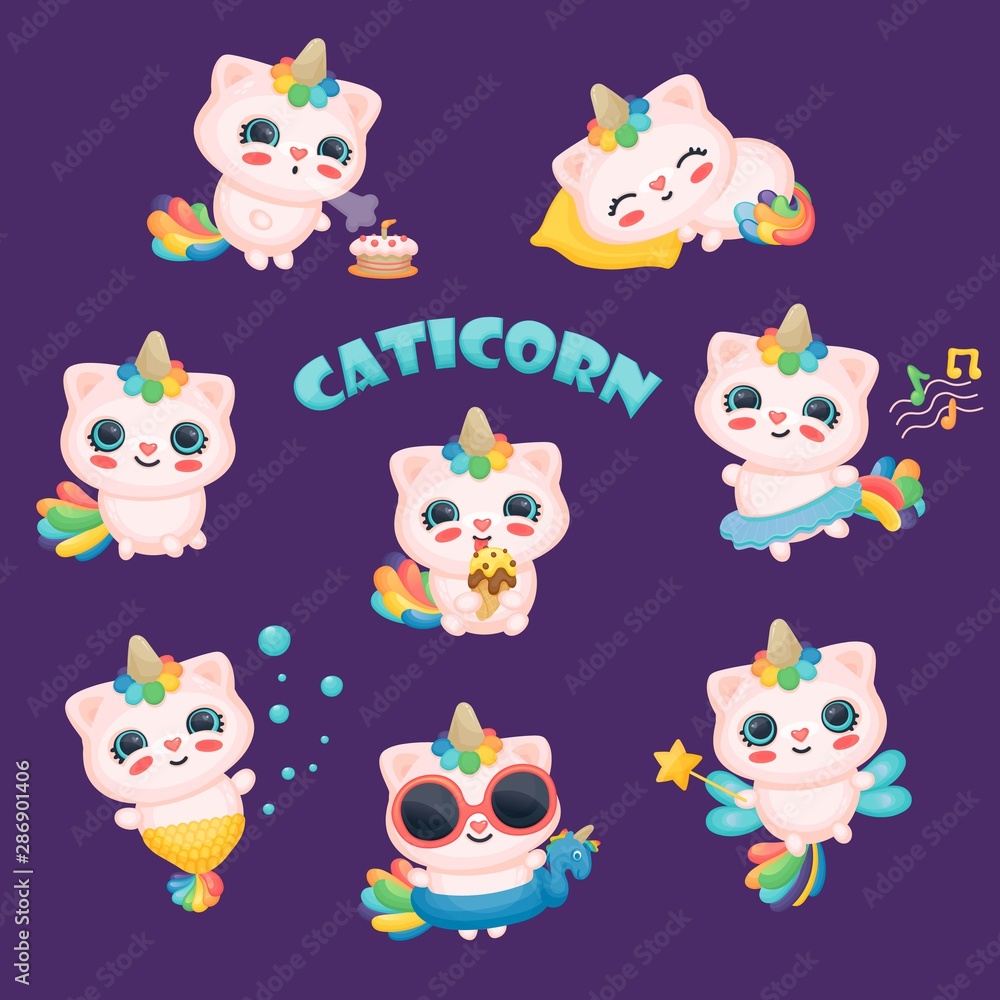 Set of cute baby caticorns, unicorn and cat with rainbow on blue background.