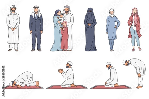 Muslim cartoon character set - Arab men and women in traditional clothes