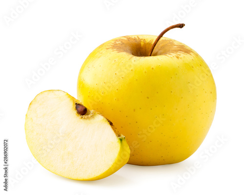 Yellow Apple and slice on a white background. Isolated