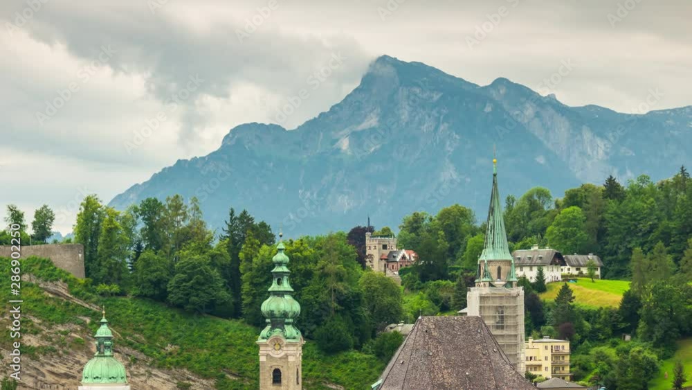 salzburg cloudy day city center churches mountains panorama 4k timelapse austria salzburg cloudy day city center churches mountains panorama 4k timelapse austria