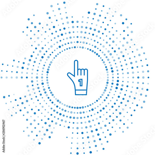 Blue line Number 1 one fan hand glove with finger raised icon isolated on white background. Symbol of team support in competitions. Abstract circle random dots. Vector Illustration