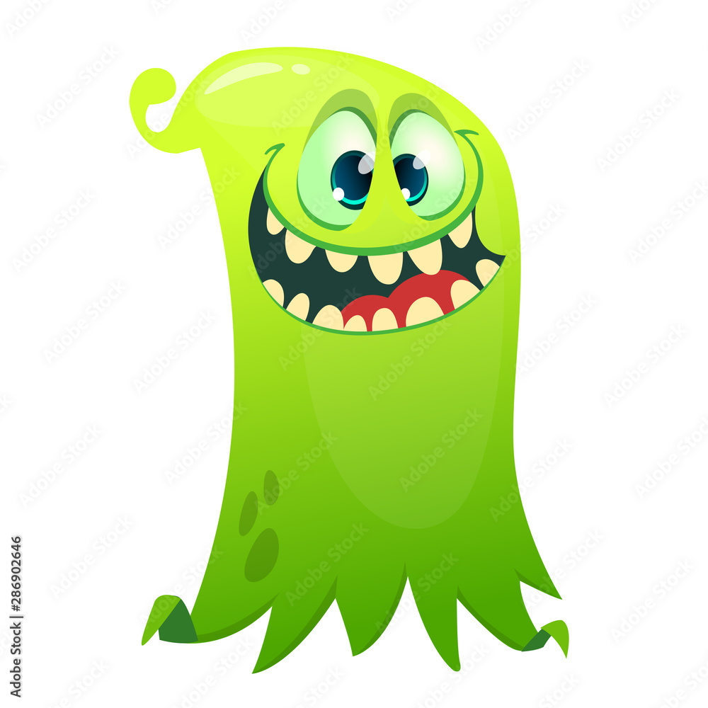 Fototapeta premium Happy cartoon flying monster. Vector illustration of funny ghost character. Halloween design