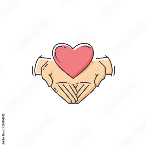Flat charity icon - two hands holding a heart  love and support for good cause